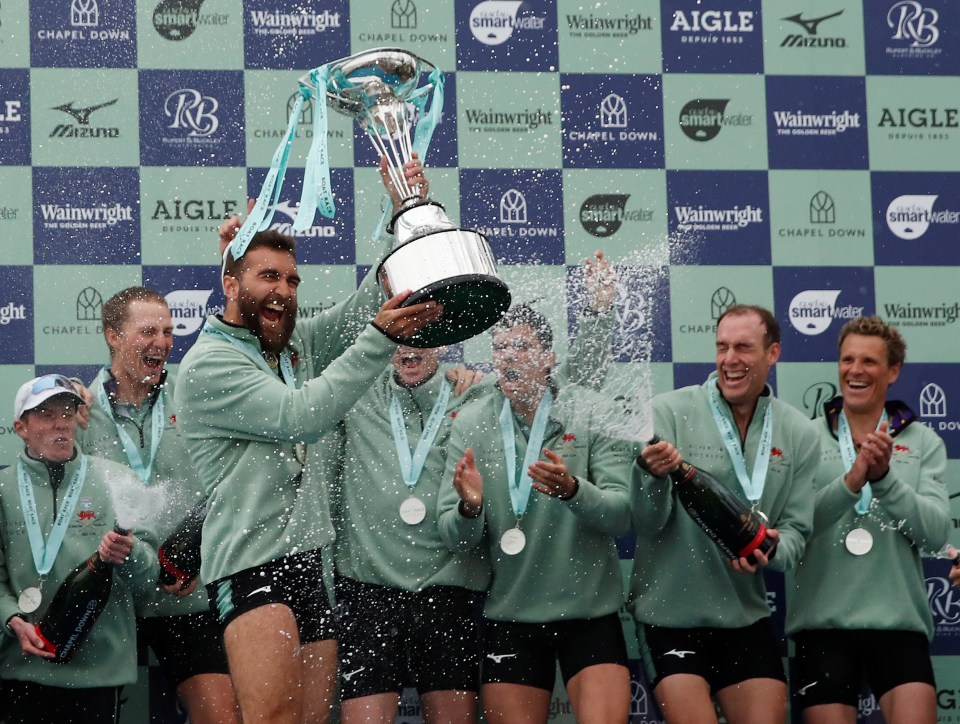 Cambridge rowing team celebrating a victory.