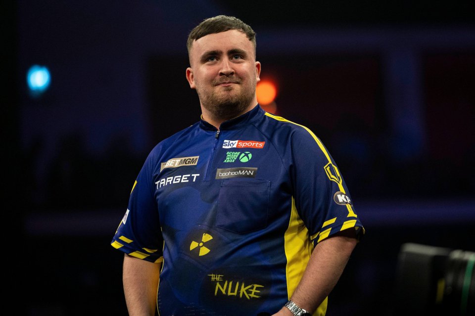 Luke Littler of England at the 2025 BetMGM Premier League darts.