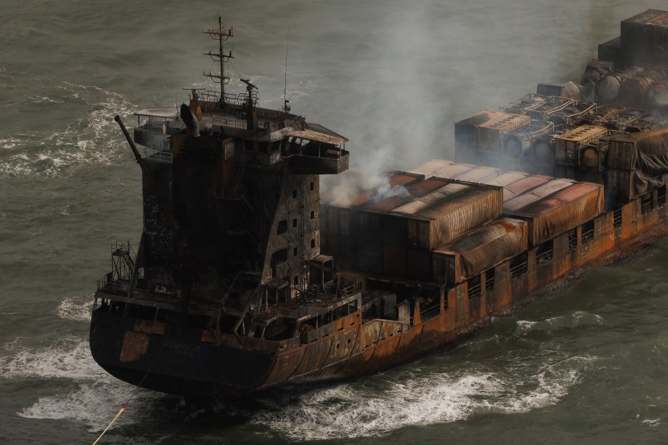 Burning cargo ship in the North Sea.