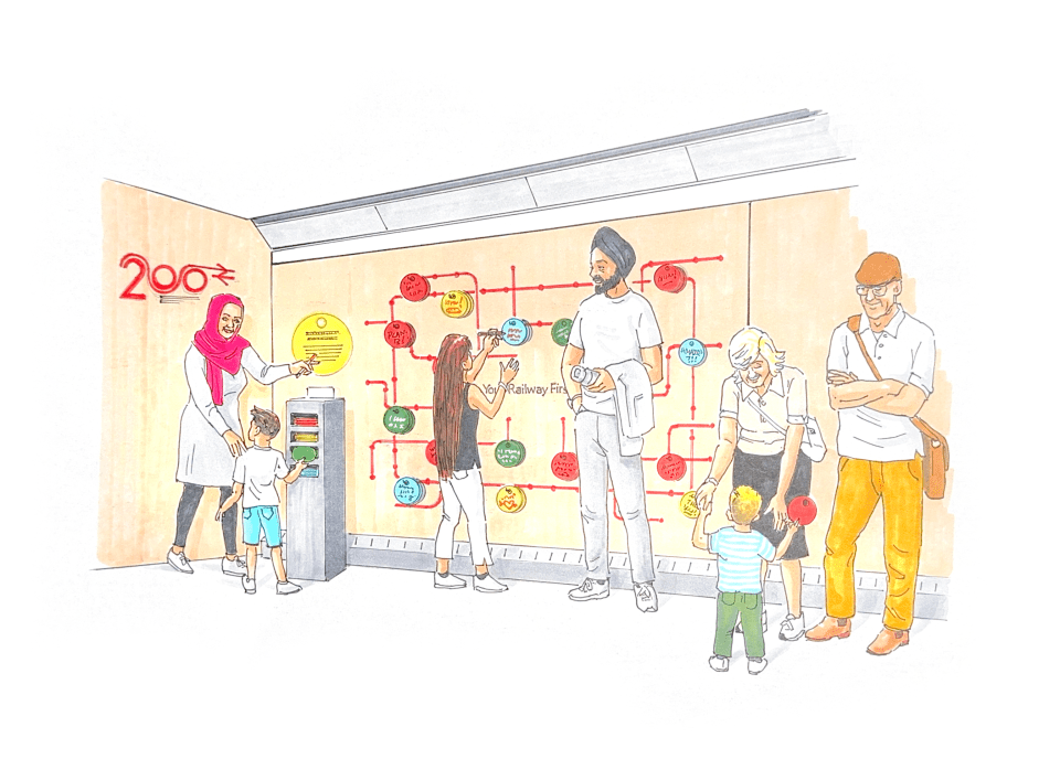 Illustration of people interacting with an interactive railway exhibit.