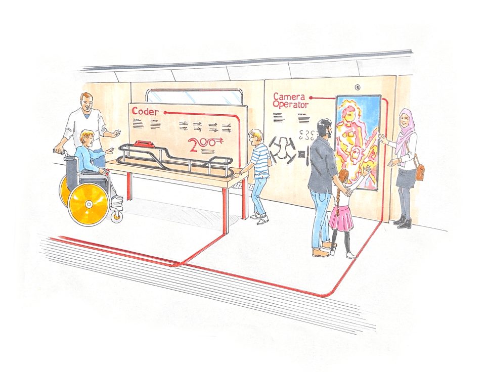 Illustration of families interacting with interactive exhibits on a train.