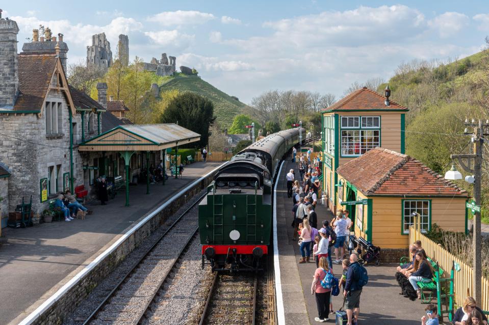 Steam train at Corfe Castle Station.