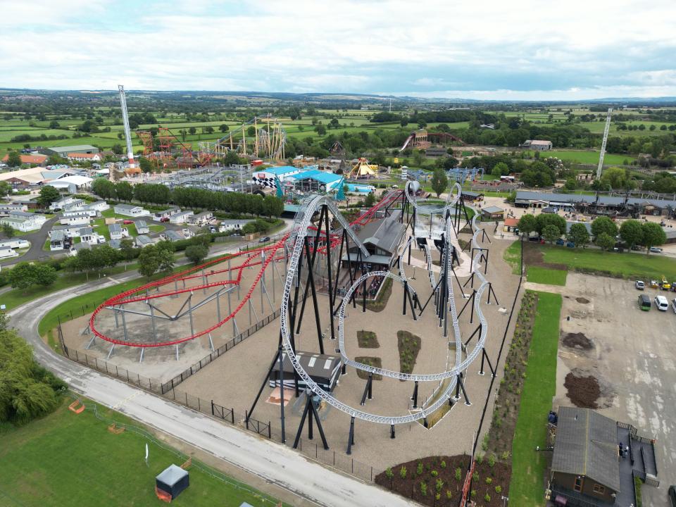 Aerial view of Flamingo Land theme park with rollercoasters.