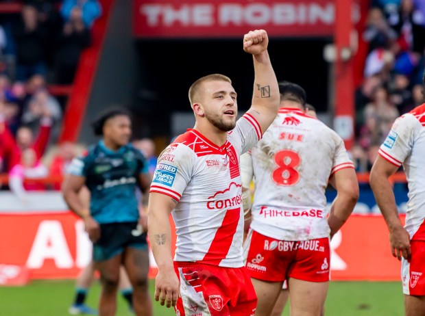 Hull KR's Mikey Lewis celebrates a victory.