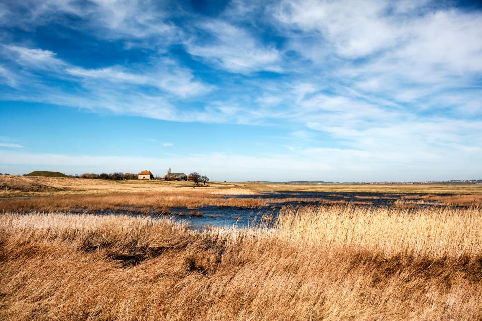 Elmley Nature Reserve with a building and a body of water.