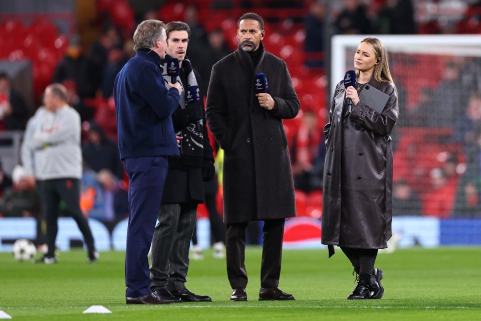 LIVERPOOL, ENGLAND - NOVEMBER 27: Steve McManaman, Gareth Bale, Rio Ferdinand working as pundits for TNT Sports alongside Laura Woods presenting on the pitch ahead of the UEFA Champions League 2024/25 League Phase MD5 match between Liverpool FC and Real Madrid C.F. at Anfield on November 27, 2024 in Liverpool, England. (Photo by Robbie Jay Barratt - AMA/Getty Images)