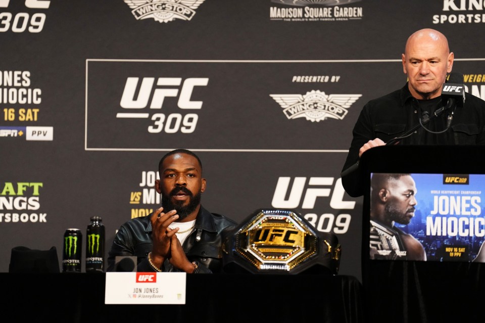 NEW YORK, NEW YORK - NOVEMBER 14: Jon Jones and UFC President Dana White react during the UFC 309 press conference at The Theater at Madison Square Garden on November 14, 2024 in New York City. (Photo by Josh Hedges/Zuffa LLC)