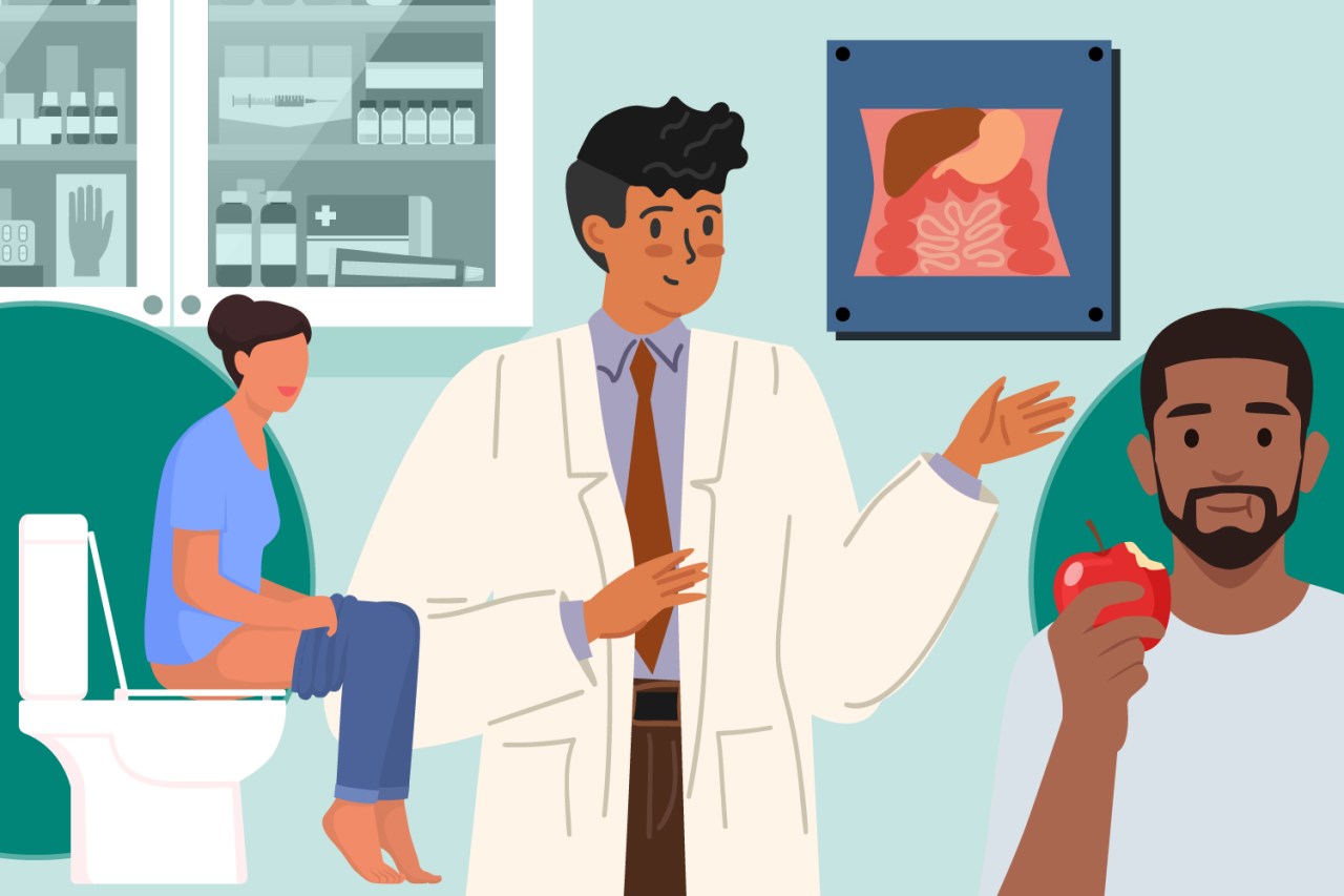 Illustration of a doctor explaining the digestive system to a patient while another patient eats an apple.