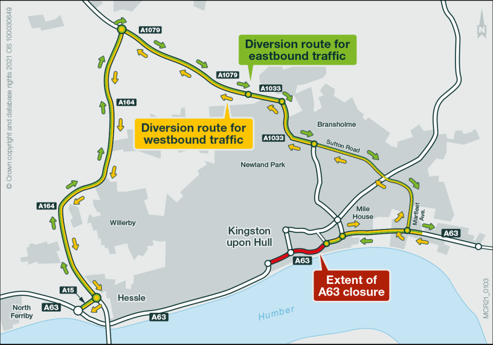 Map of A63 closure in Kingston upon Hull, showing diversion routes for eastbound and westbound traffic.