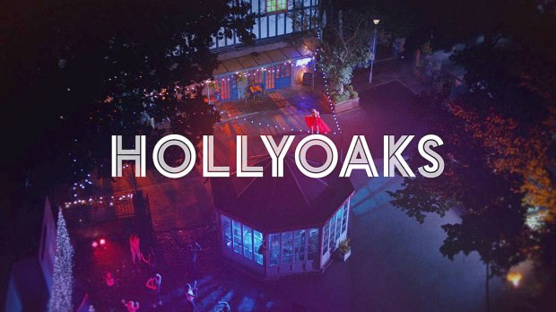 Hollyoaks logo with nighttime scene.