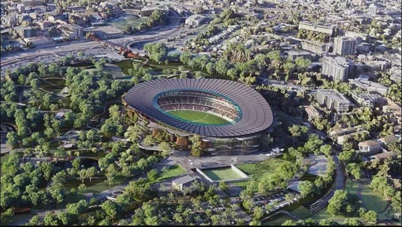 Aerial illustration of a 63,000-seat stadium surrounded by parkland.