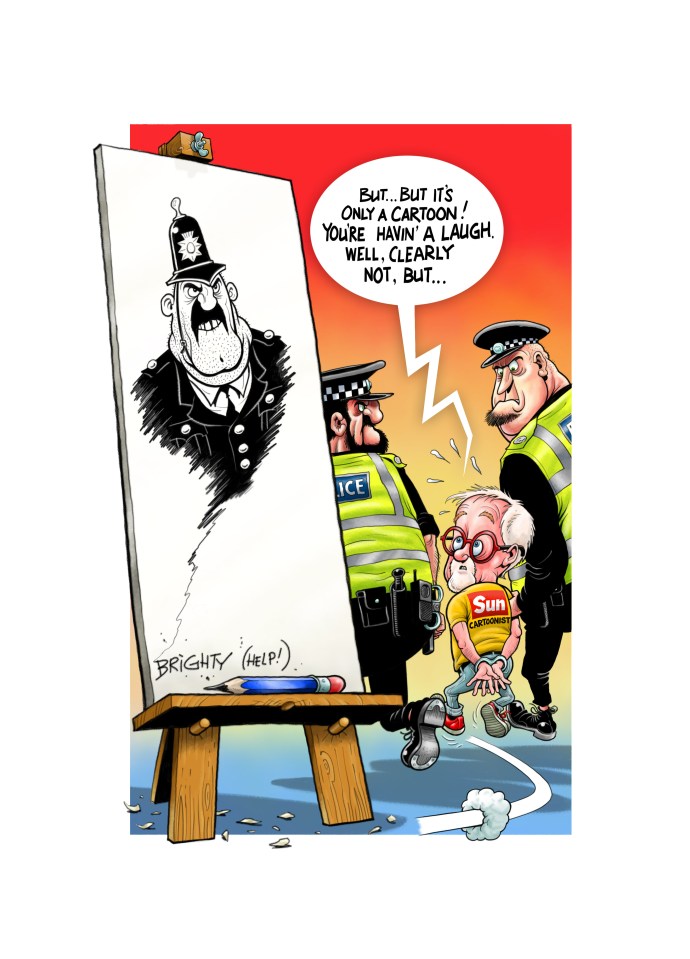 Illustration of a cartoonist being arrested by police officers for a cartoon depicting a policeman.
