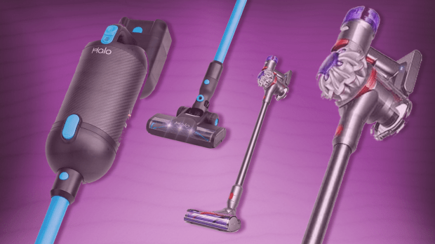Collage of three cordless vacuum cleaners.