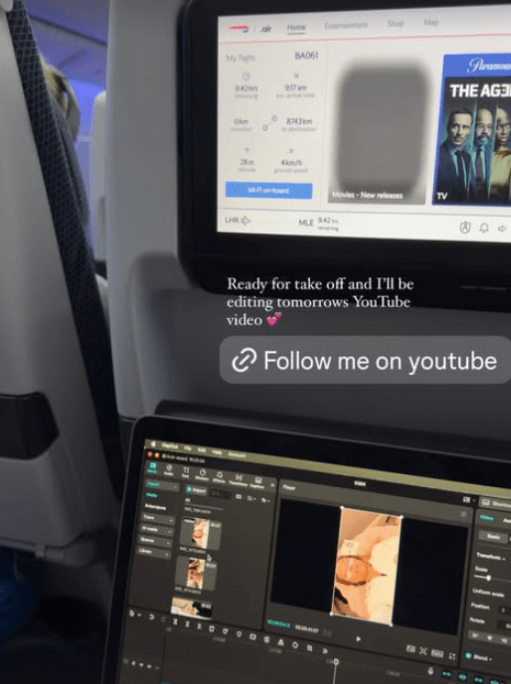 Screenshot of a laptop editing YouTube video on an airplane.