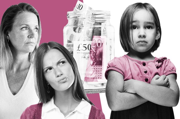 Collage of women and a girl looking concerned near a jar of money.