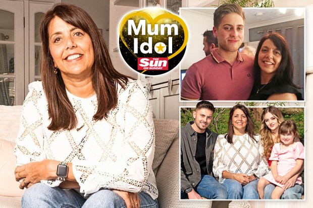 Collage of a woman and her family; The Sun's Mum Idol competition logo is also included.