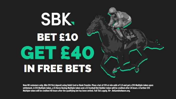 Illustration of a horse race with text overlay: Bet £10, Get £40 in free bets. Terms and conditions apply.