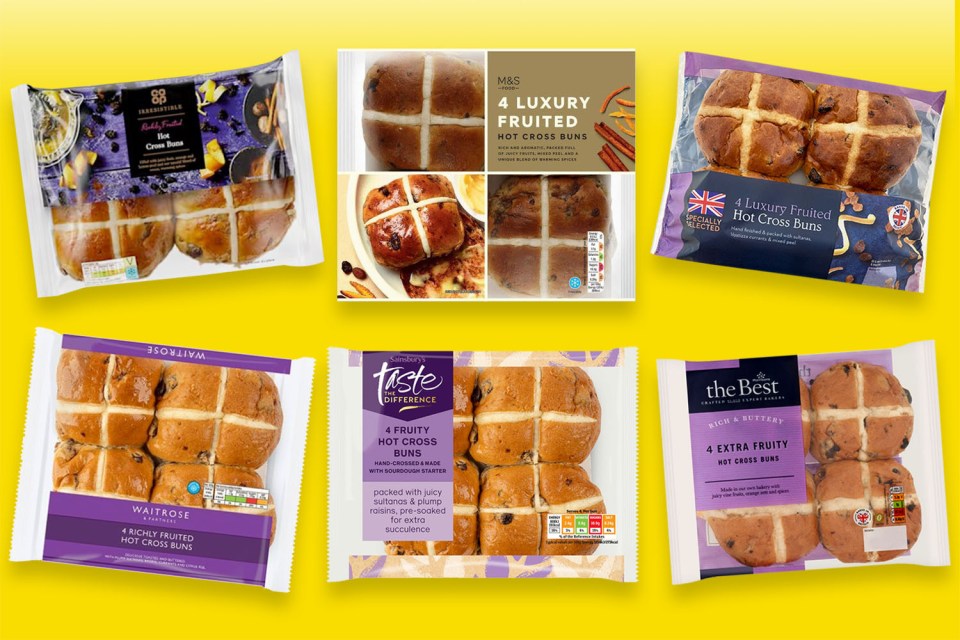 Collage of various packages of hot cross buns.