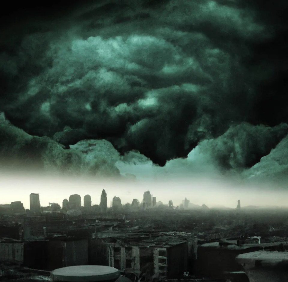 Illustration of a post-apocalyptic city under a dark, stormy sky.