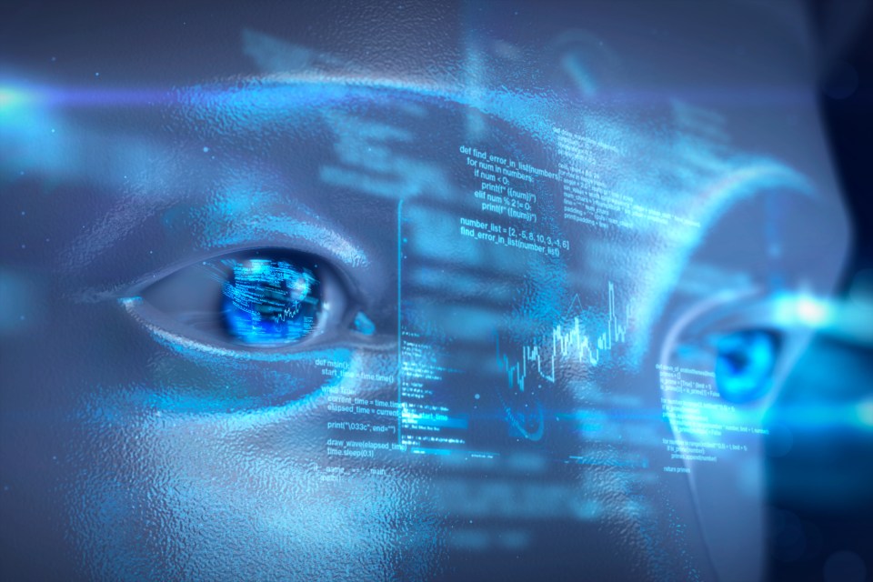 Illustration of a robot eye reflecting data and code.