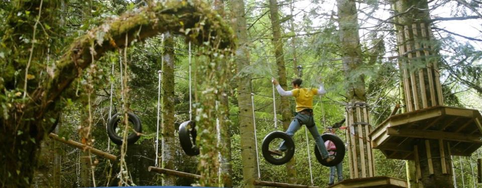 Person on a ropes course in a forest.
