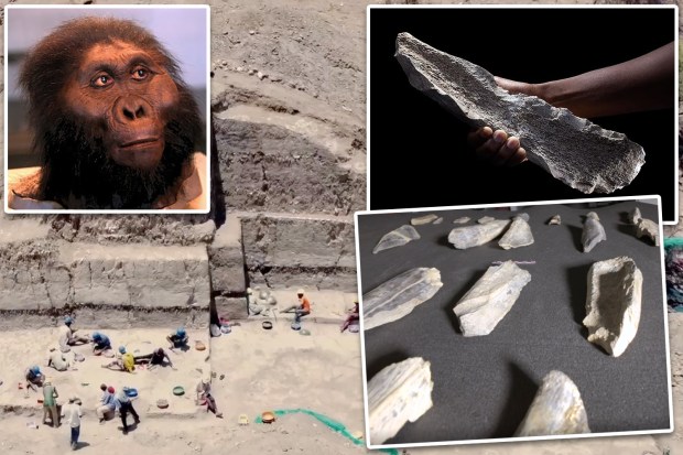 Collage of an early hominin reconstruction, an archaeological dig site, and bone tools.
