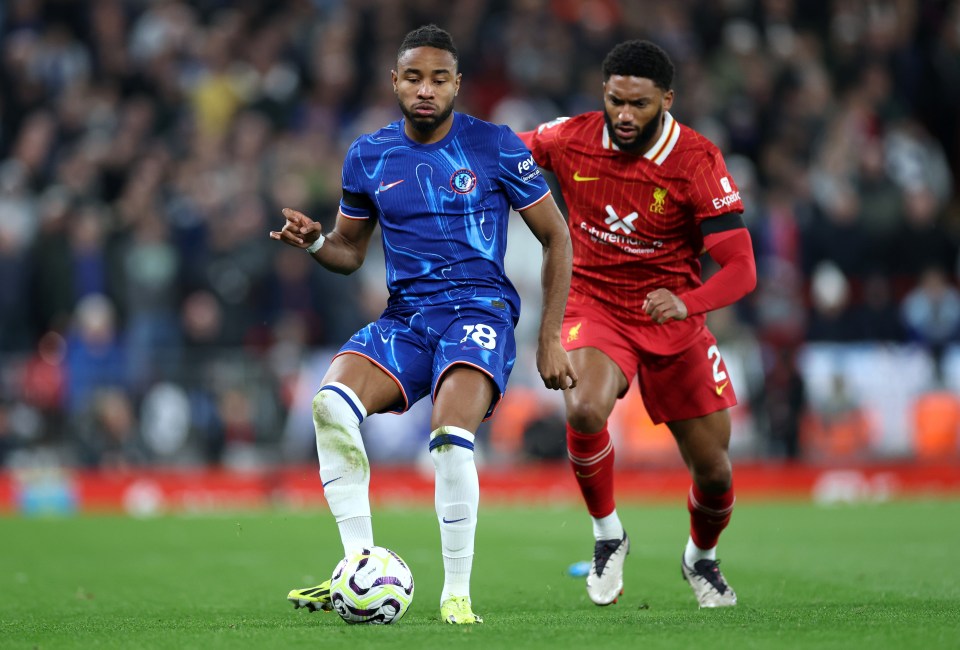 Christopher Nkunku of Chelsea passes the ball during a soccer match.