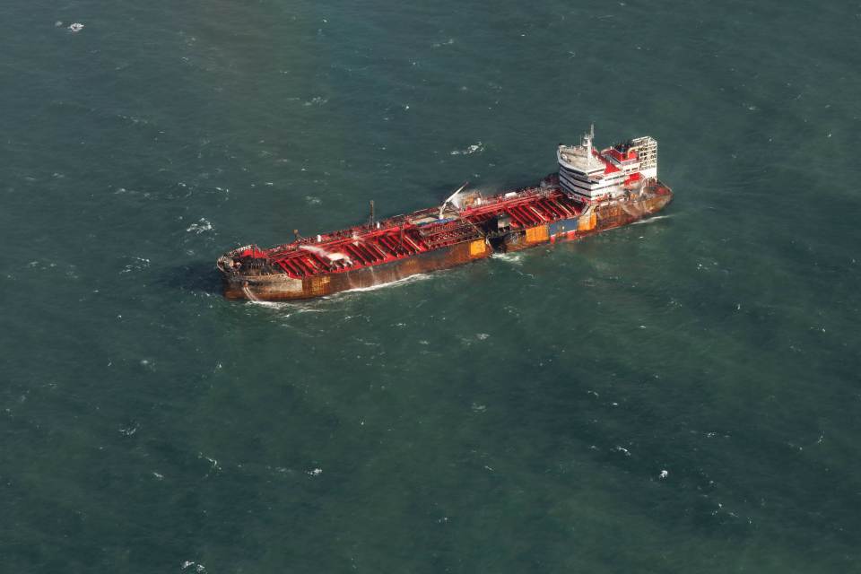 Aerial view of the damaged MV Stena Immaculate tanker at sea.