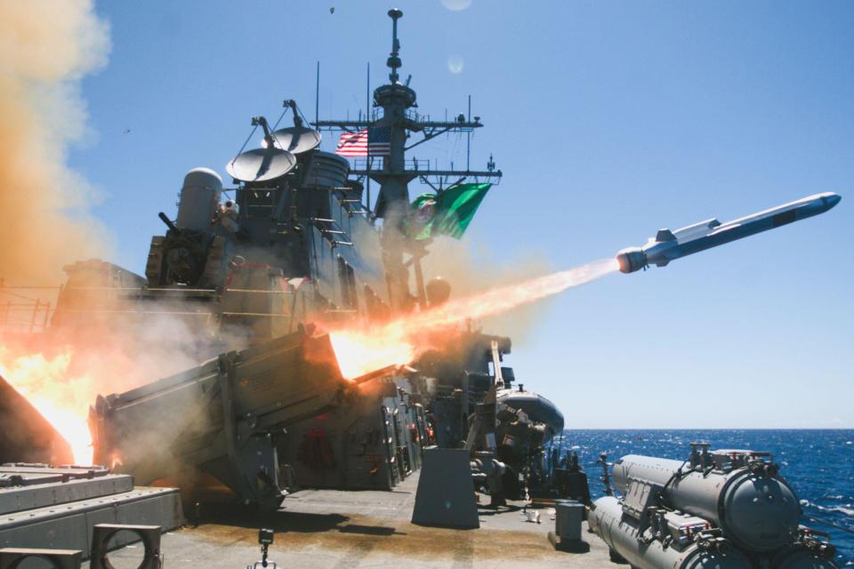 USS Fitzgerald firing a naval strike missile.