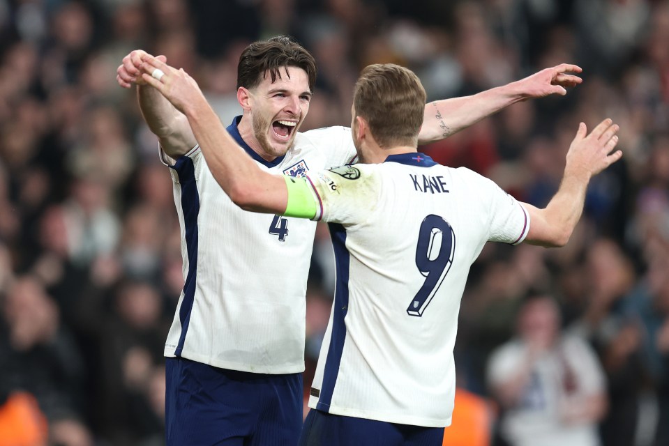 Declan Rice and Harry Kane celebrating a goal.