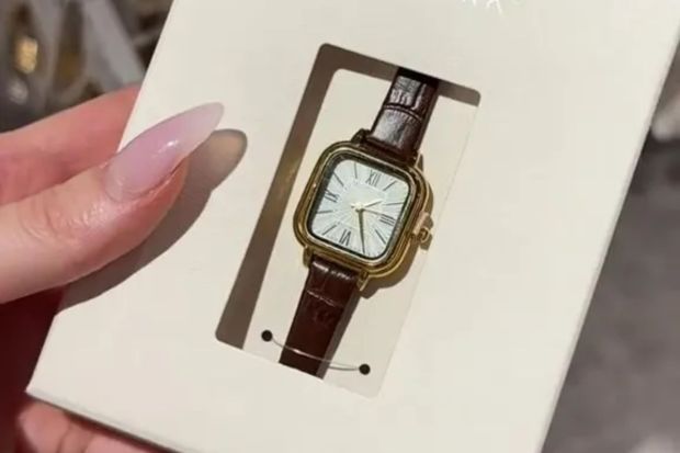 An image collage containing 1 images, Image 1 shows Primark square watch with brown leather band, £10