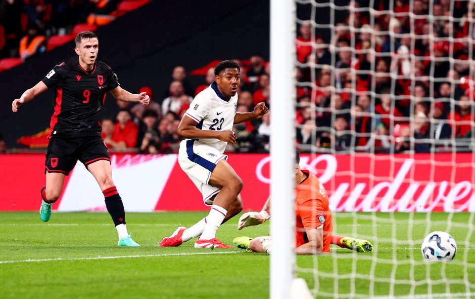 Myles Lewis-Skelly scoring a goal for England.