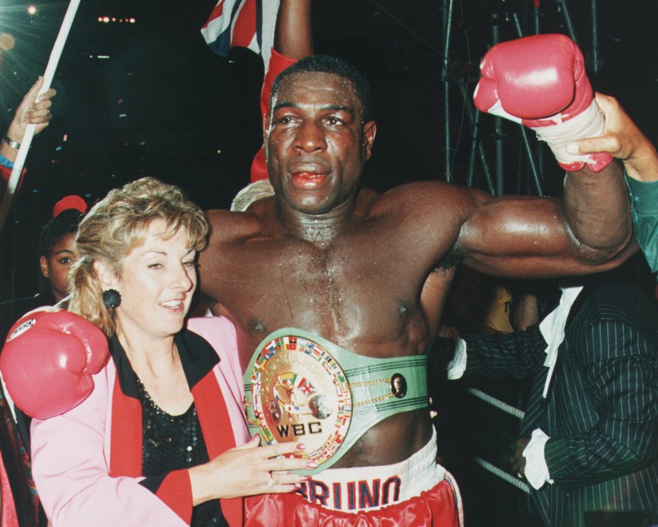Frank Bruno with his wife after winning the WBC heavyweight championship.