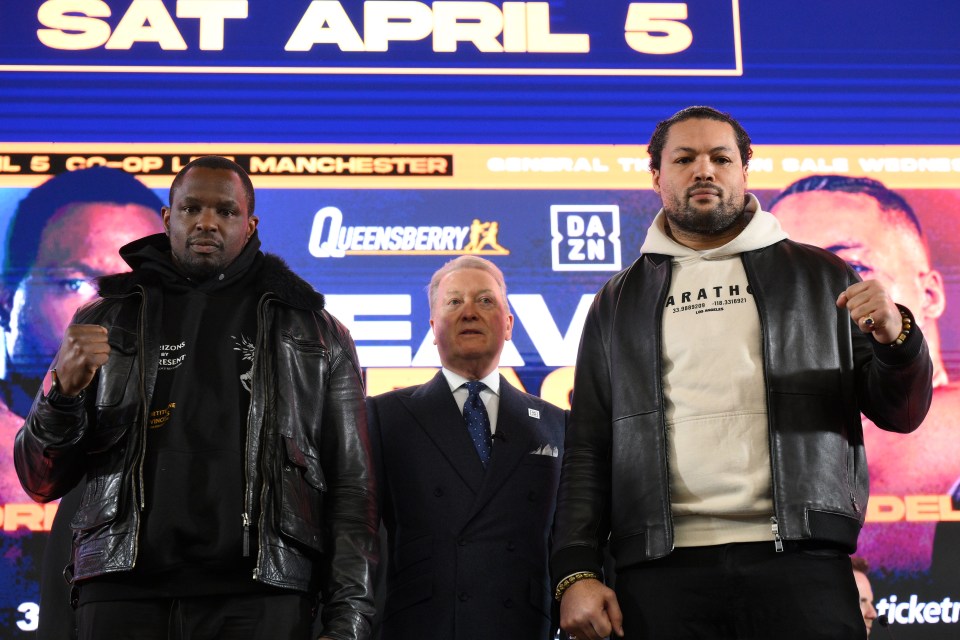 Dillian Whyte and Joe Joyce at a boxing press conference with promoter Frank Warren.