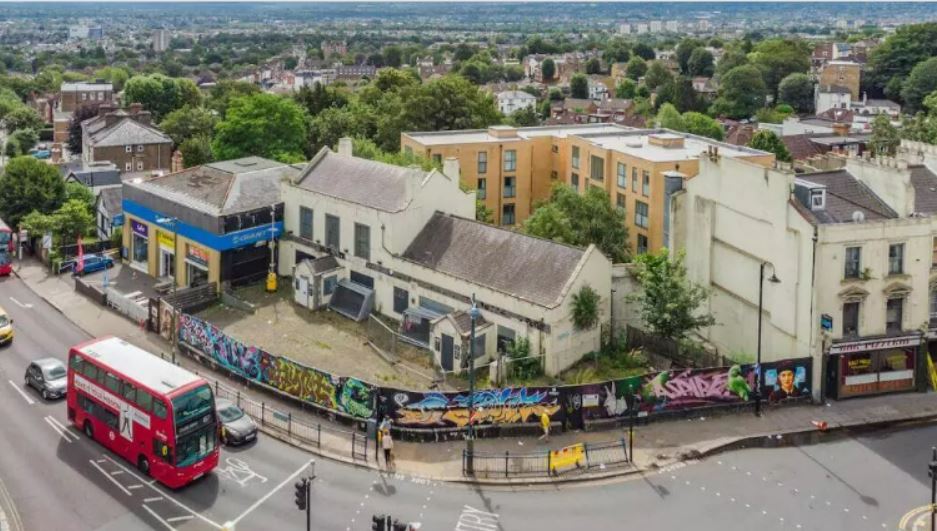 Aerial view of the Grape and Grain pub in Crystal Palace.
