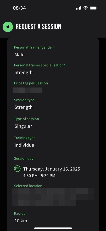 Screenshot of a fitness app showing a session request form.
