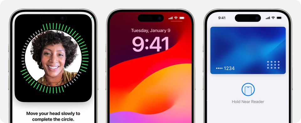 iPhone Face ID, lock screen, and contactless payment screens.