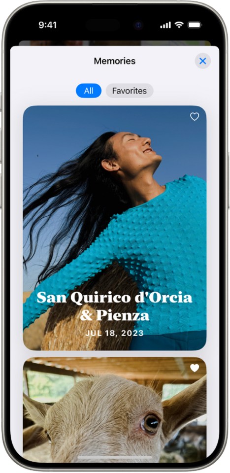 iPhone screen displaying memories: a person and a goat.