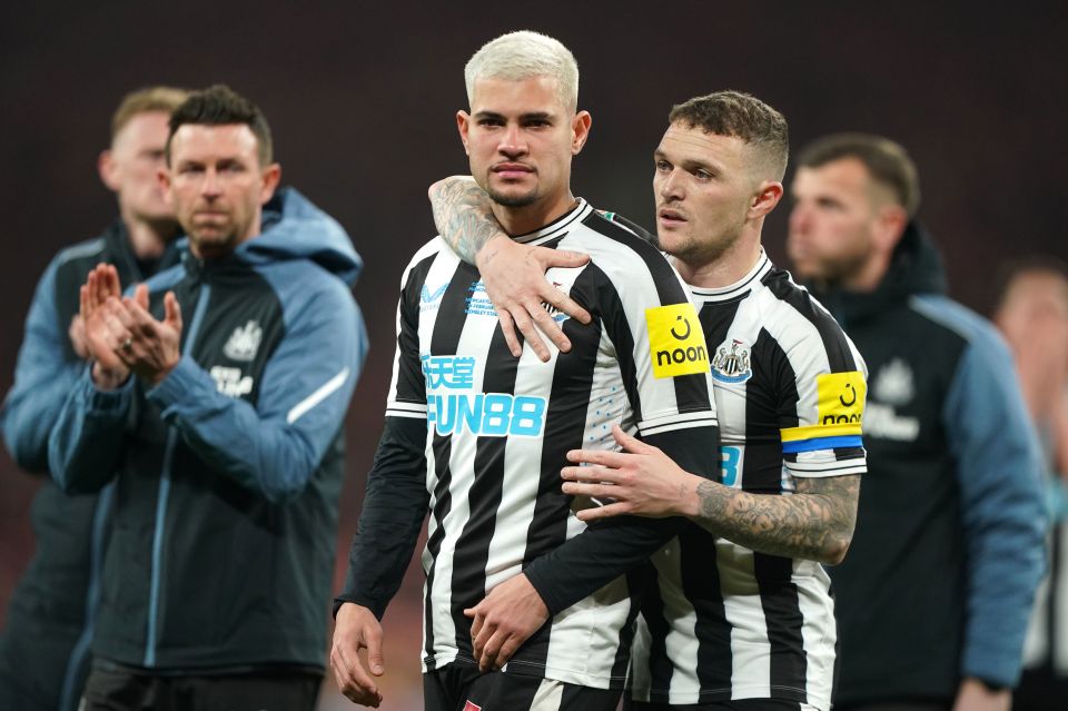 Bruno Guimaraes and Kieran Trippier of Newcastle United look dejected after a match.