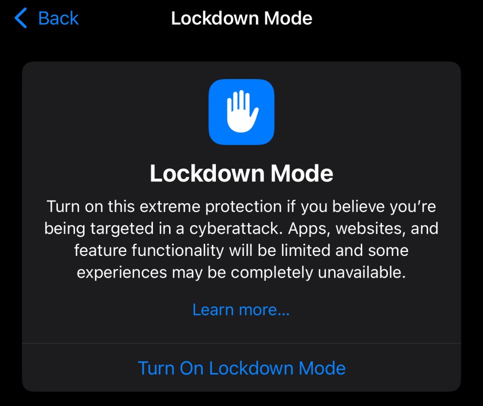 Screenshot of iPhone Lockdown Mode prompt.