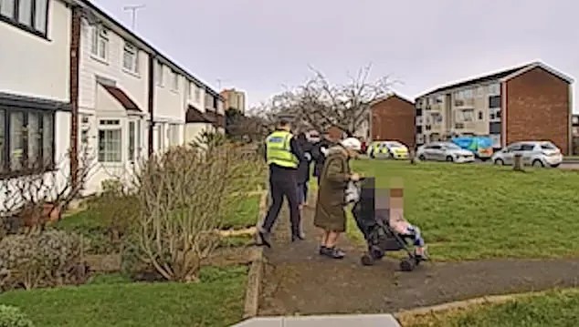 A man being arrested by police officers on a residential street, with a woman and a baby in a stroller nearby.