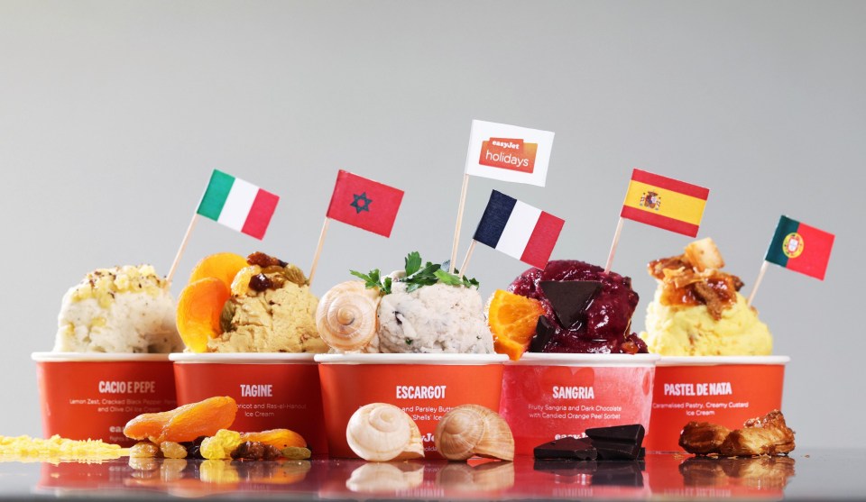 *** FREE FOR EDITORIAL USE *** A view of destination flavoured ice cream, part of a limited edition jet-lato range developed by easyJet and easyJet holidays to celebrate the opening of their new base at London Southend Airport. Issue date: Monday March 31, 2025. The flavours, which have been chosen to invoke the destinations which customers can now travel to with flights and package holidays departing from Southend airport, include Escargot (France  Paris) , Spicy Tagine (Morocco  Marrakech) , Cacio e pepe (Italy - Pisa), Sangria and Chocolate (Spain - Alicante, Almeria, Gran Caria, Malaga, Palma, Reus, Tenerife) and Pastel de Nata (Portugal  Faro). The new base at London Southend will support around 1,200 jobs including 140 direct jobs for pilots and cabin crew. Photo credit should read: Joe Pepler/PinPep