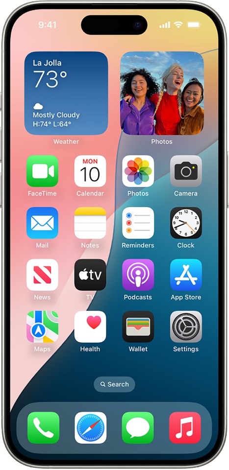 iPhone home screen showing various apps and widgets.