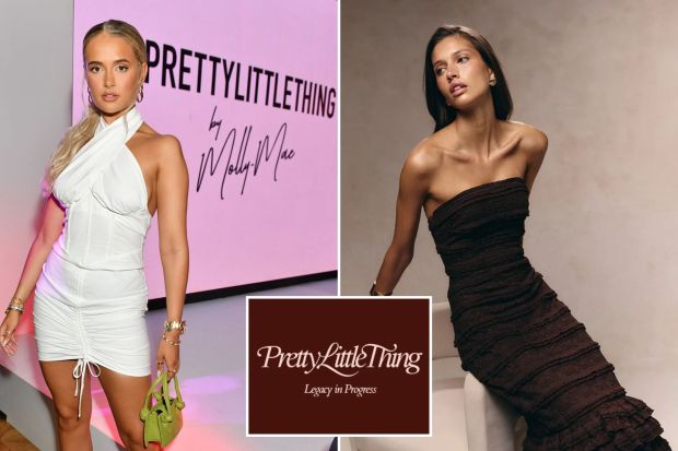 An image collage containing 3 images, Image 1 shows LONDON, ENGLAND - AUGUST 26: Molly-Mae Hague attends the launch party of Molly Mae's Pretty Little Thing collection at Novikov on August 26, 2021 in London, England. (Photo by David M. Benett/Dave Benett/Getty Images for Pretty Little Thing), Image 2 shows Woman in brown ruffled dress sitting on a chair, Image 3 shows PrettyLittleThing logo: Legacy in Progress