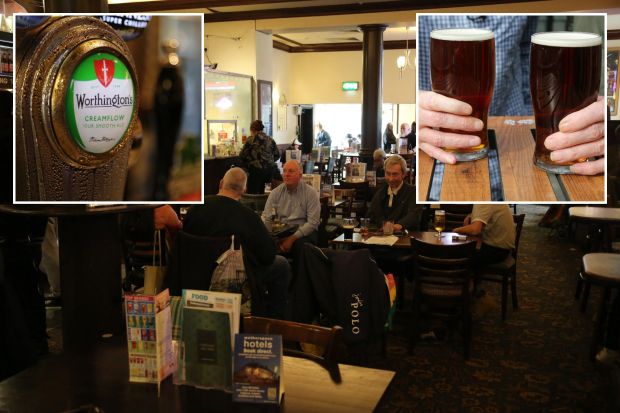 An image collage containing 3 images, Image 1 shows Patrons seated at tables in a Wetherspoon's pub, Image 2 shows Two pints of beer on a wooden table, Image 3 shows Worthington's Creamflow ale beer tap handle