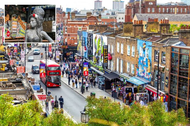 An image collage containing 2 images, Image 1 shows Aerial view of Camden High Street, London, Image 2 shows Bronze statue of Amy Winehouse at Camden Market