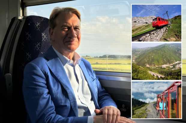 An image collage containing 4 images, Image 1 shows Michael Portillo on Great Continental Railway Journeys, Image 2 shows Red cogwheel railway car ascending Pilatus mountain in Switzerland, Image 3 shows Train tracks on a bridge crossing a valley in Bosnia, Image 4 shows Programme Name: Great Continental Railway Journeys - TX: 15/11/2012 - Episode: n/a (No. 2) - Embargoed for publication until: n/a - Picture Shows: Portillo in Schafbergbahn, Western Austria. Michael Portillo - (C) Boundless Productions - Photographer: Steve Peskett