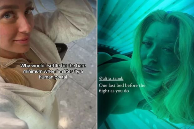 An image collage containing 2 images, Image 1 shows Screenshot of a woman in a beige jacket with text overlay: "Why would I settle for the bare minimum when I'm literally a human portal", Image 2 shows Woman in tanning bed before flight