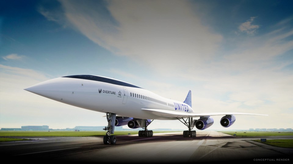 Conceptual render of Overture supersonic aircraft on a runway.