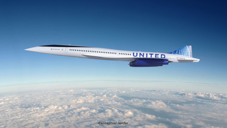 Conceptual rendering of a United Airlines Overture supersonic aircraft in flight.